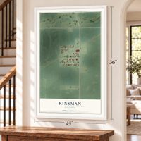 Kinsman, Illinois map, 24 x 36 inch print in a white frame by a staircase
