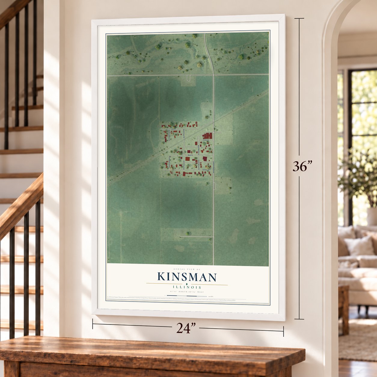Kinsman, Illinois map, 24 x 36 inch print in a white frame by a staircase