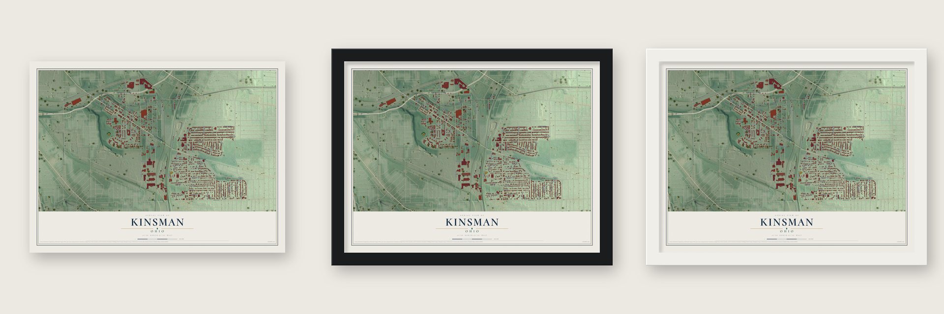 Kinsman, Ohio map unframed, in a black wood frame and in a white wood frame