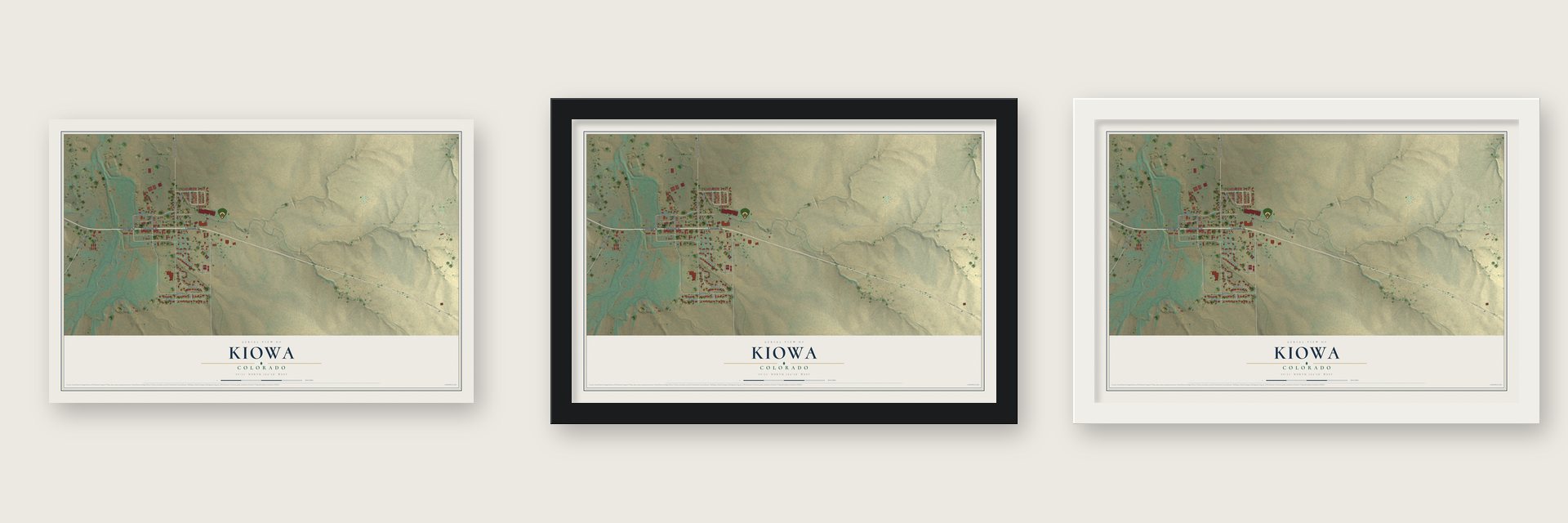 Kiowa, Colorado map unframed, in a black wood frame and in a white wood frame