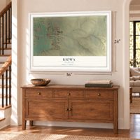 Kiowa, Colorado map, 24 x 36 inch print in a white frame above a dresser by a staircase