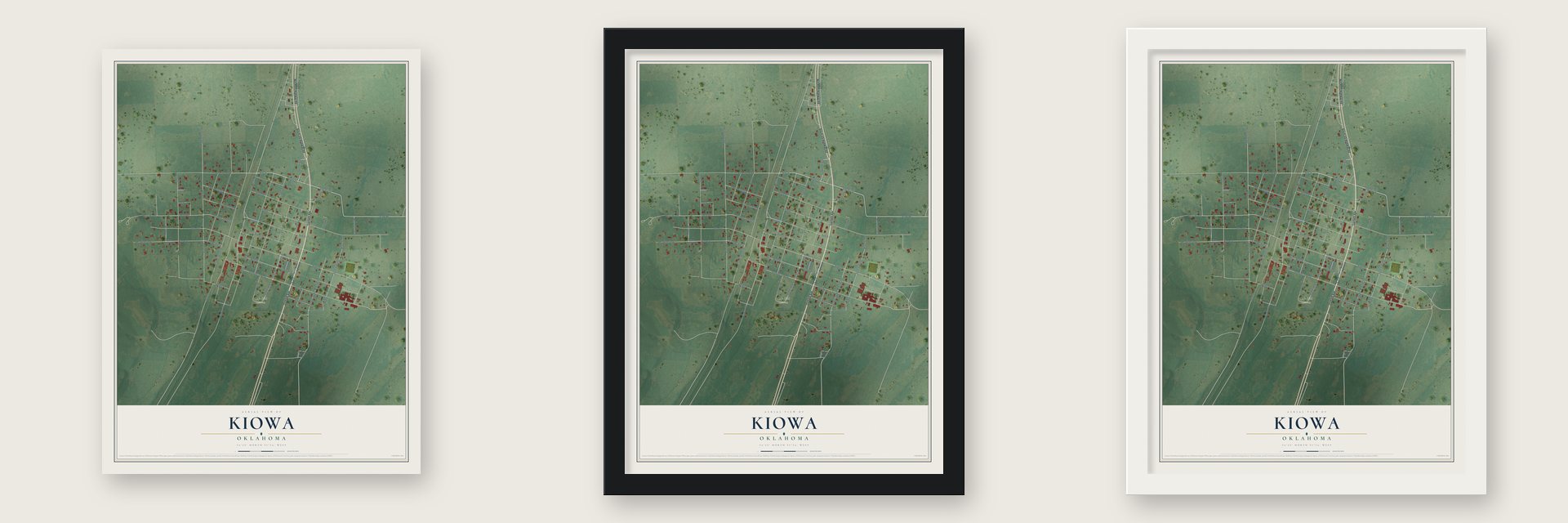 Kiowa, Oklahoma map unframed, in a black wood frame and in a white wood frame