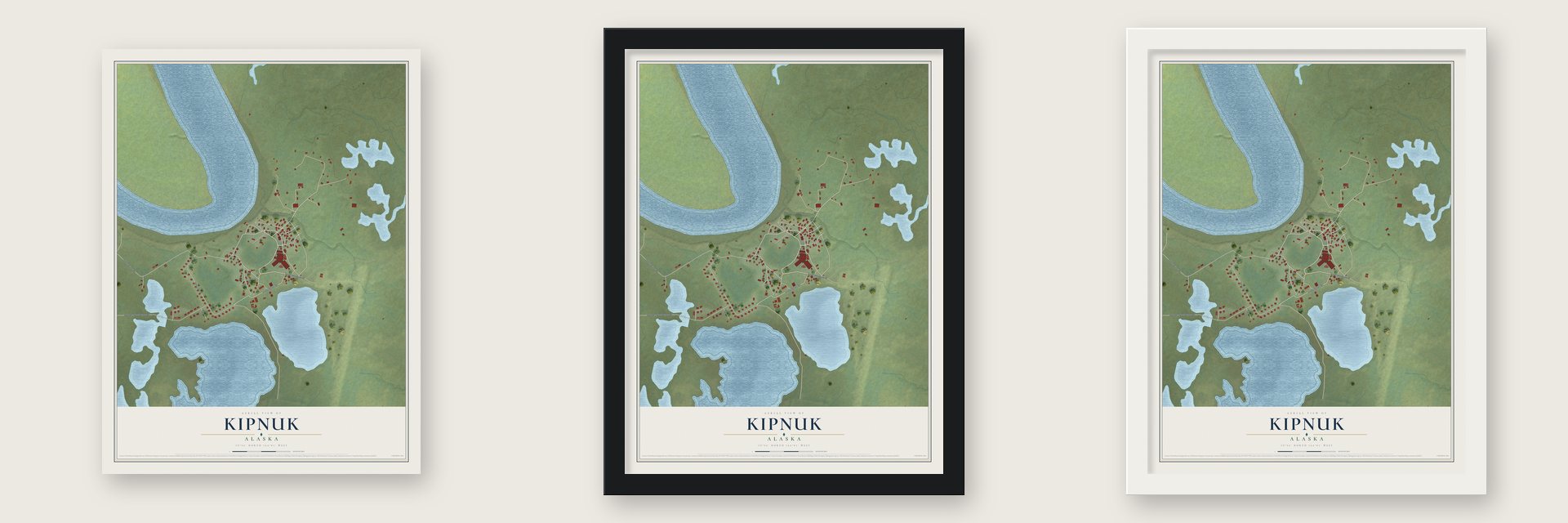 Kipnuk, Alaska map unframed, in a black wood frame and in a white wood frame
