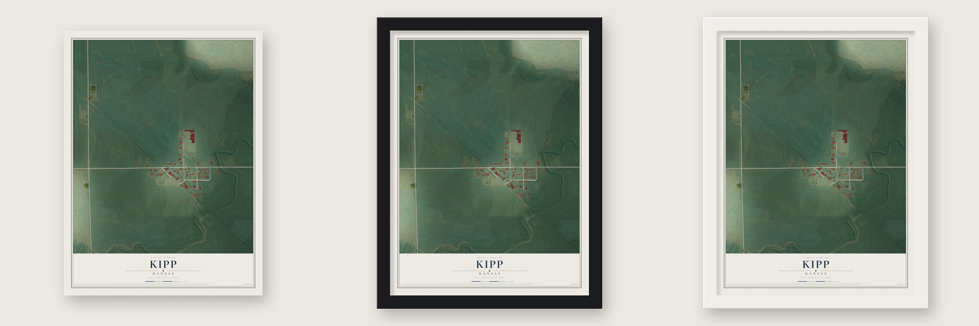 Kipp, Kansas map unframed, in a black wood frame and in a white wood frame