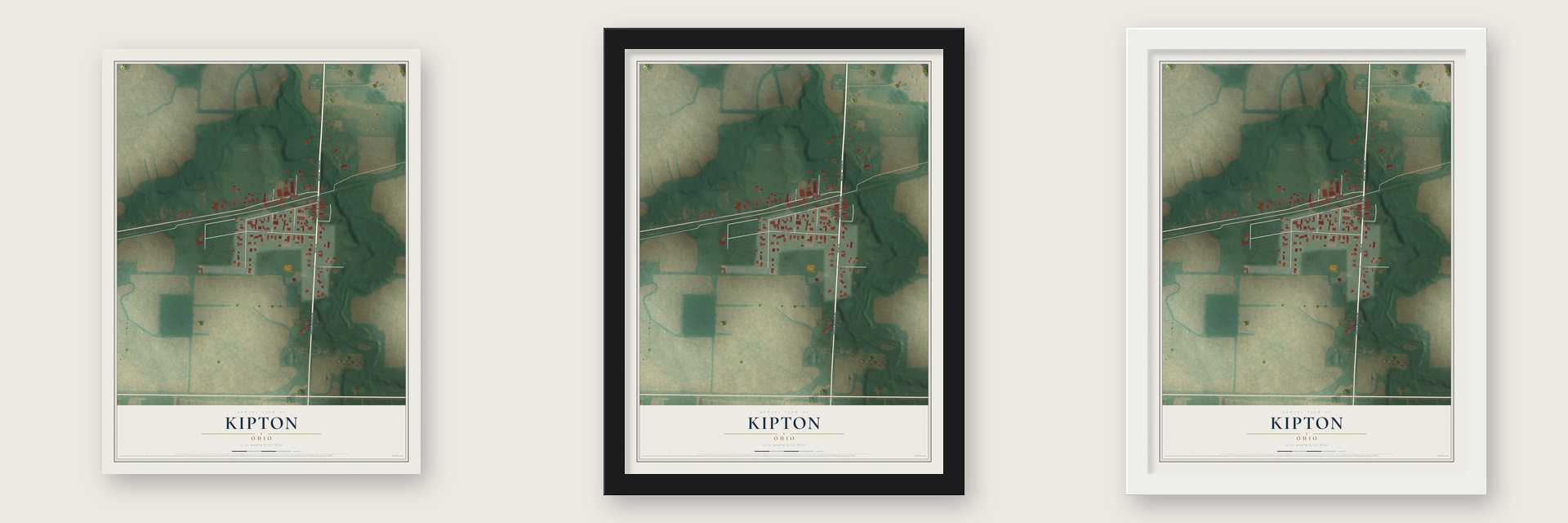 Kipton, Ohio map unframed, in a black wood frame and in a white wood frame