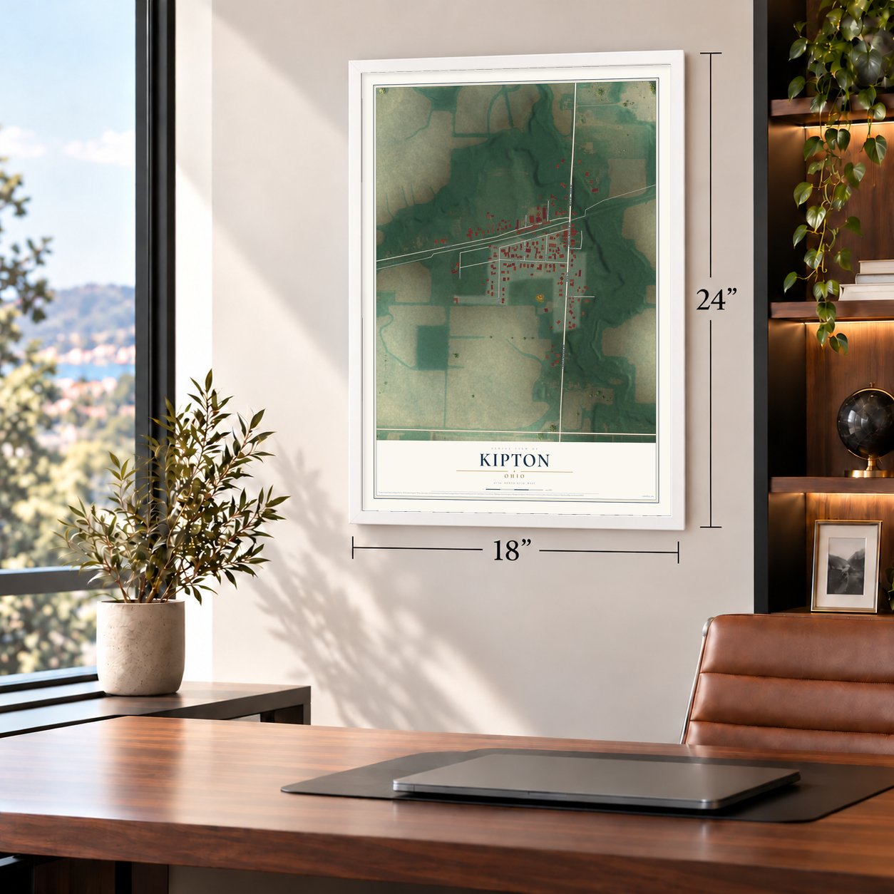 Kipton, Ohio map, 18 x 24 inch print in a white frame in a home office