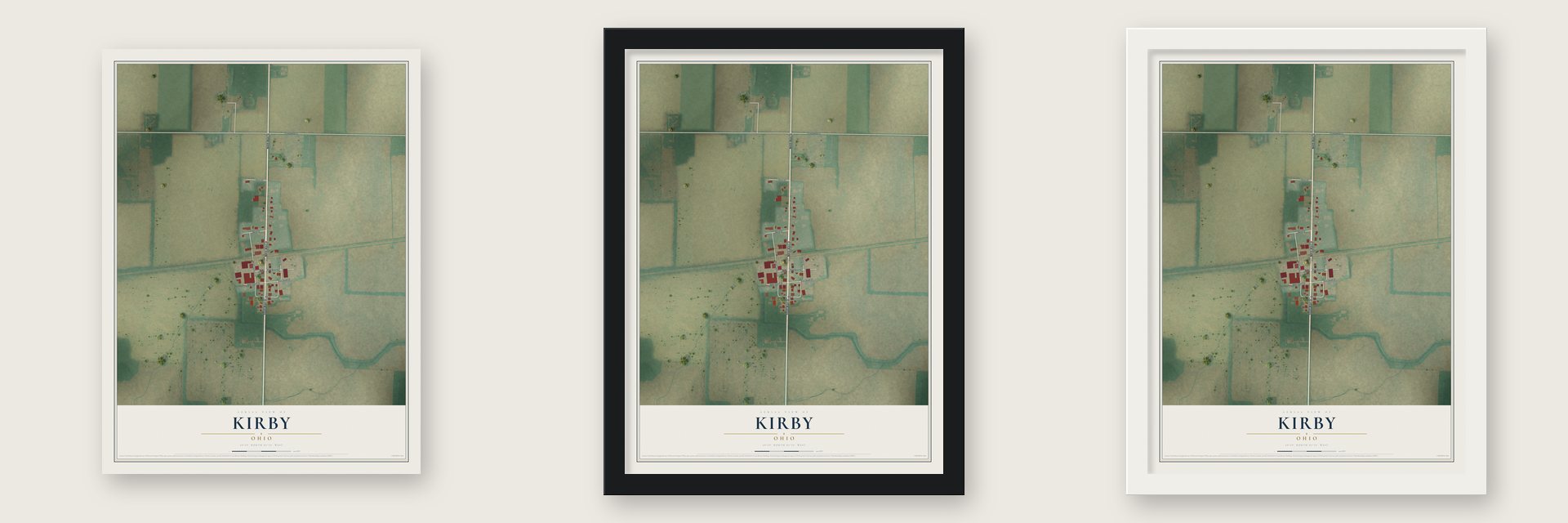 Kirby, Ohio map unframed, in a black wood frame and in a white wood frame