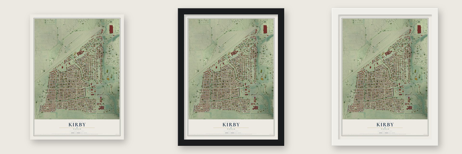 Kirby, Texas map unframed, in a black wood frame and in a white wood frame