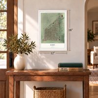 Kirby, Texas map, 12 x 18 inch print in a white frame in an entryway