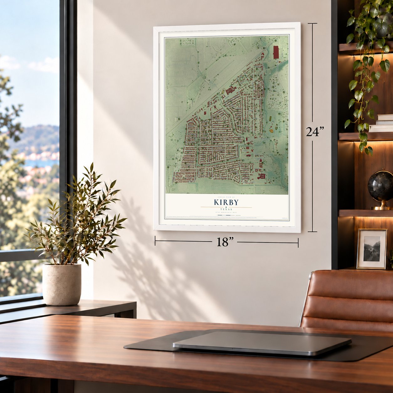 Kirby, Texas map, 18 x 24 inch print in a white frame in a home office
