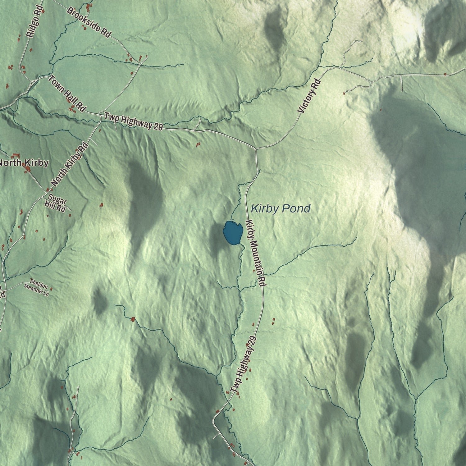 Close-up of the map of Kirby, Vermont print showing terrain and local geography