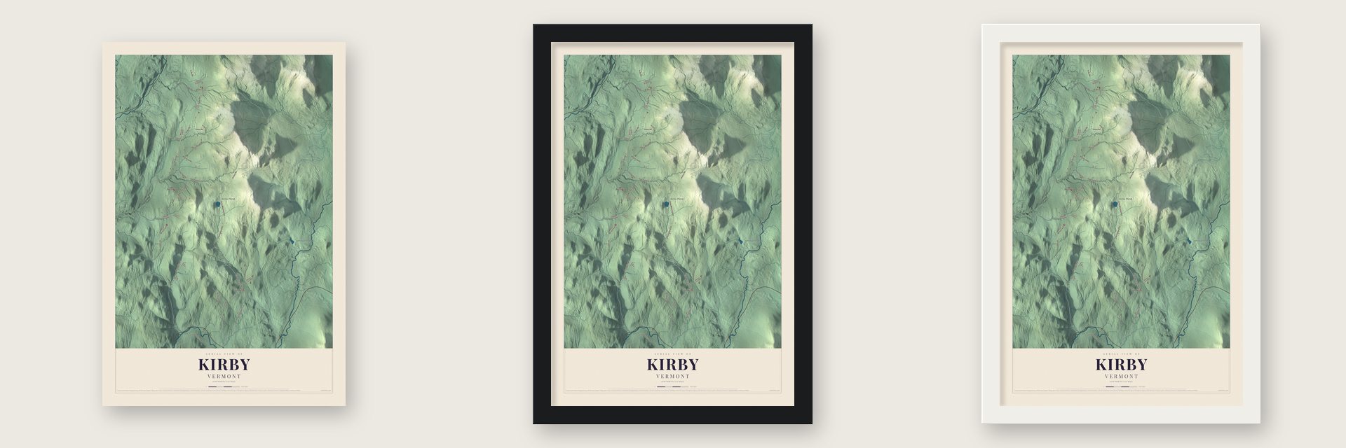 Kirby, Vermont map unframed, in a black wood frame and in a white wood frame