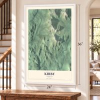 Kirby, Vermont map, 24 x 36 inch print in a white frame by a staircase