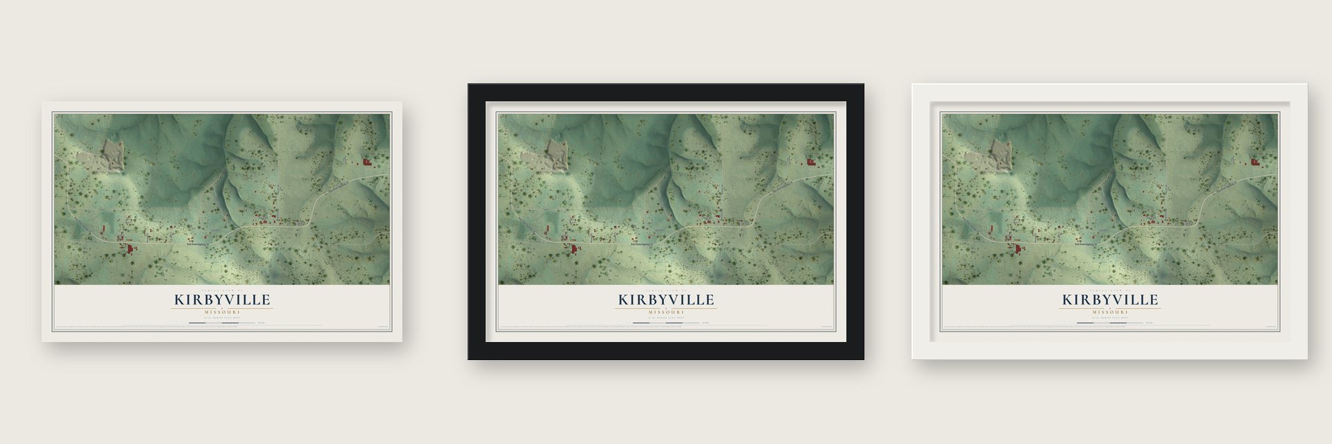 Kirbyville, Missouri map unframed, in a black wood frame and in a white wood frame