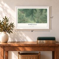 Kirbyville, Missouri map, 12 x 18 inch print in a white frame in an entryway