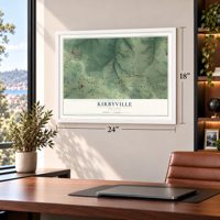 Kirbyville, Missouri map, 18 x 24 inch print in a white frame in a home office