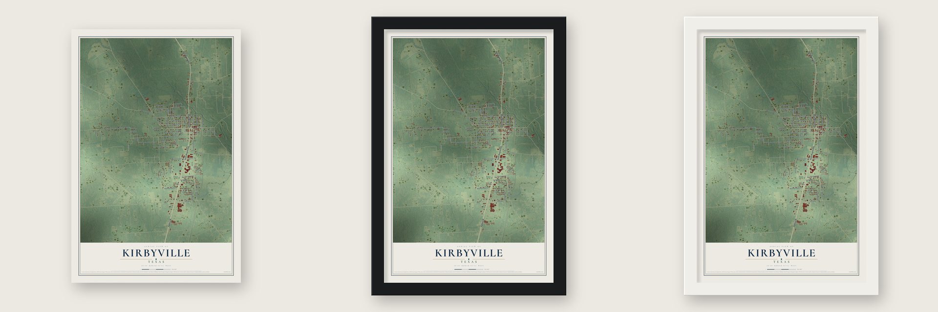 Kirbyville, Texas map unframed, in a black wood frame and in a white wood frame