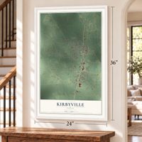Kirbyville, Texas map, 24 x 36 inch print in a white frame by a staircase