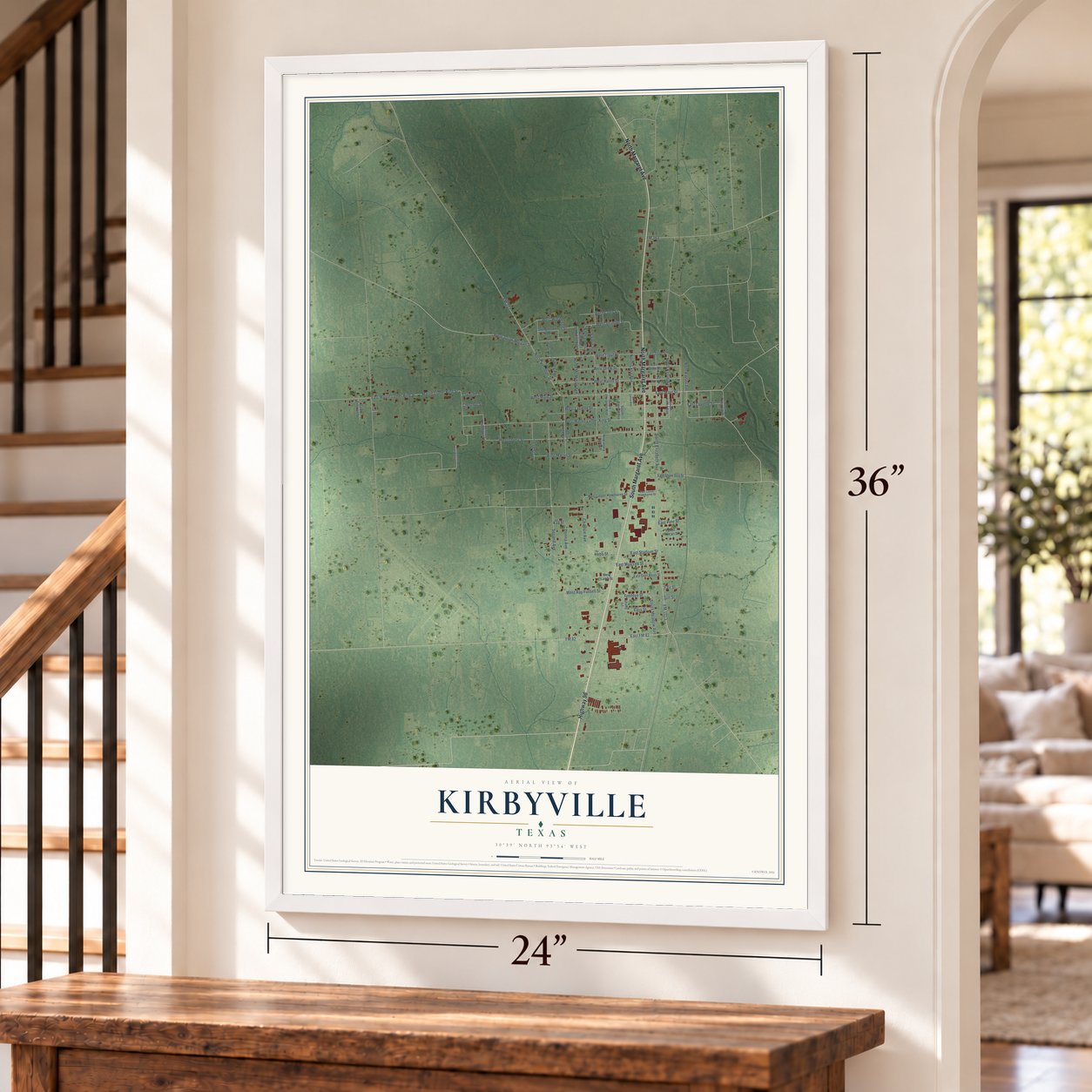 Kirbyville, Texas map, 24 x 36 inch print in a white frame by a staircase