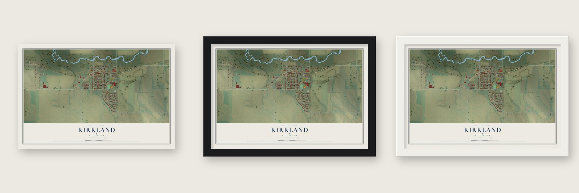 Kirkland, Illinois map unframed, in a black wood frame and in a white wood frame