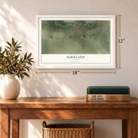 Kirkland, Illinois map, 12 x 18 inch print in a white frame in an entryway