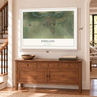 Kirkland, Illinois map, 24 x 36 inch print in a white frame above a dresser by a staircase