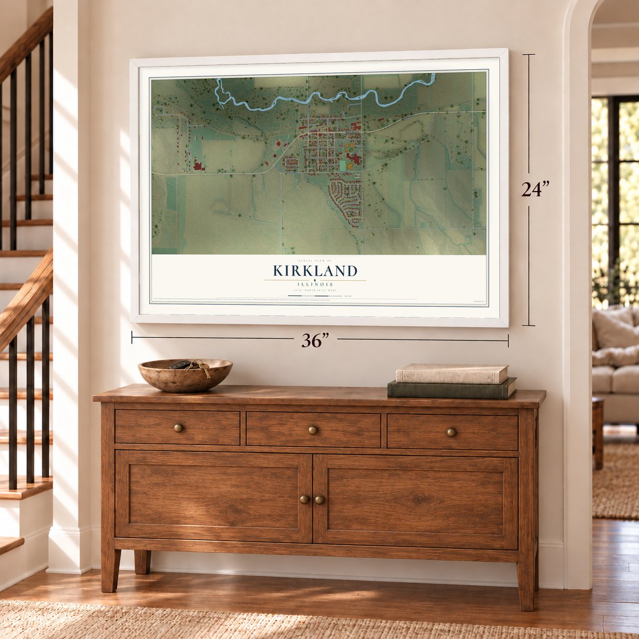 Kirkland, Illinois map, 24 x 36 inch print in a white frame above a dresser by a staircase