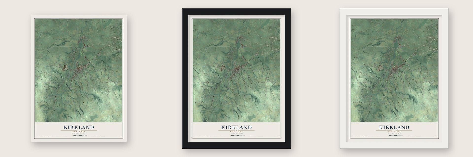 Kirkland, New York map unframed, in a black wood frame and in a white wood frame