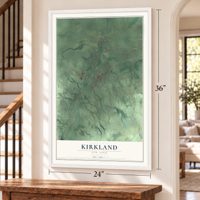 Kirkland, New York map, 24 x 36 inch print in a white frame by a staircase
