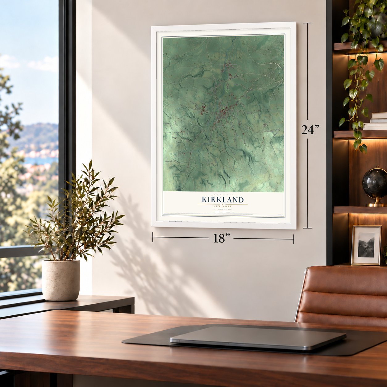 Kirkland, New York map, 18 x 24 inch print in a white frame in a home office