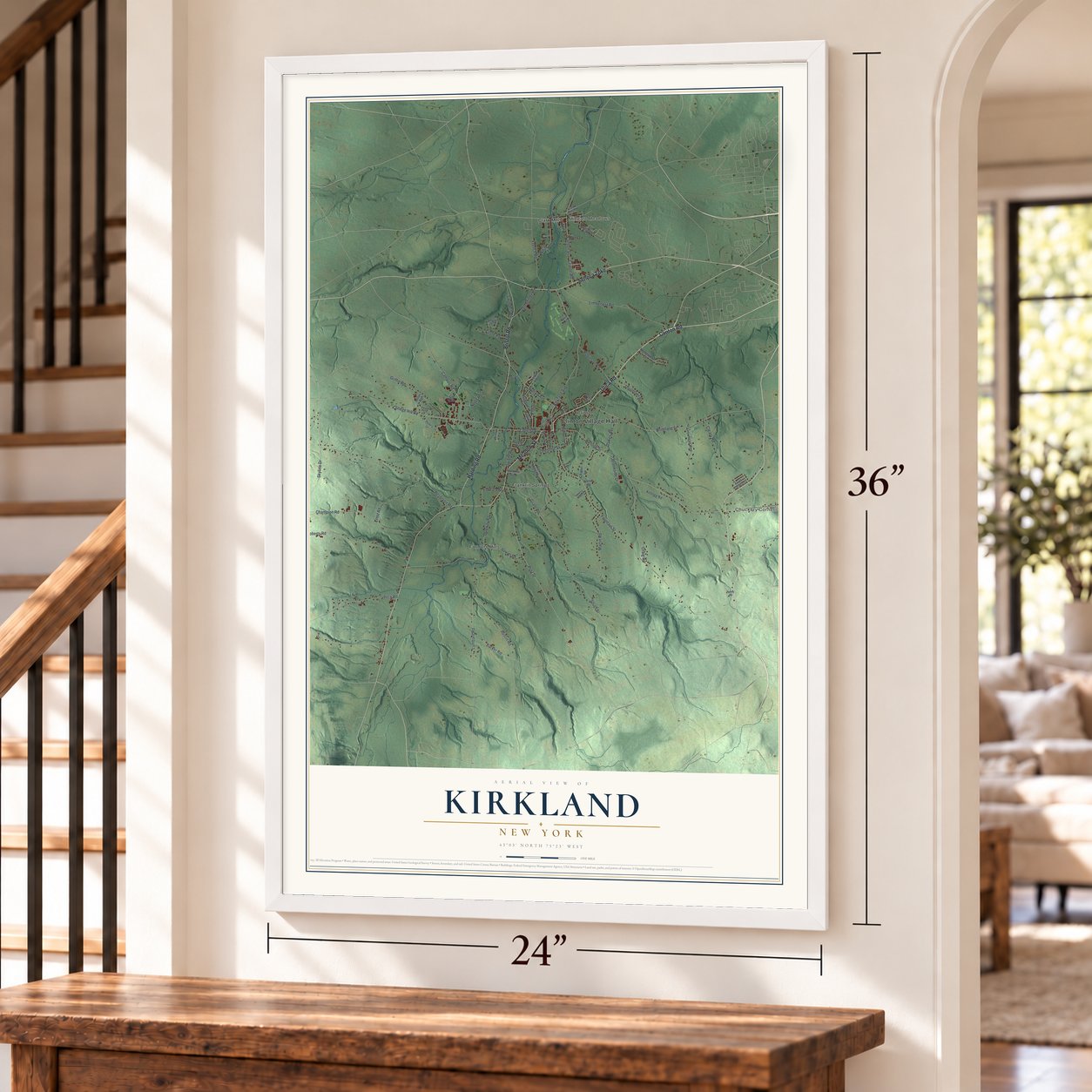 Kirkland, New York map, 24 x 36 inch print in a white frame by a staircase