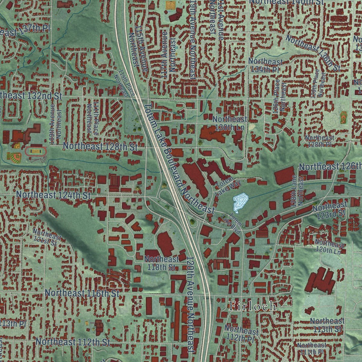 Second close-up of the map of Kirkland, Washington print showing more streets and buildings