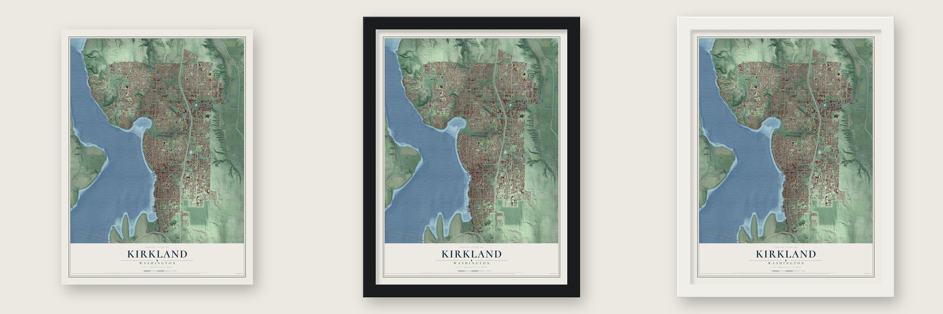 Kirkland, Washington map unframed, in a black wood frame and in a white wood frame