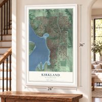 Kirkland, Washington map, 24 x 36 inch print in a white frame by a staircase