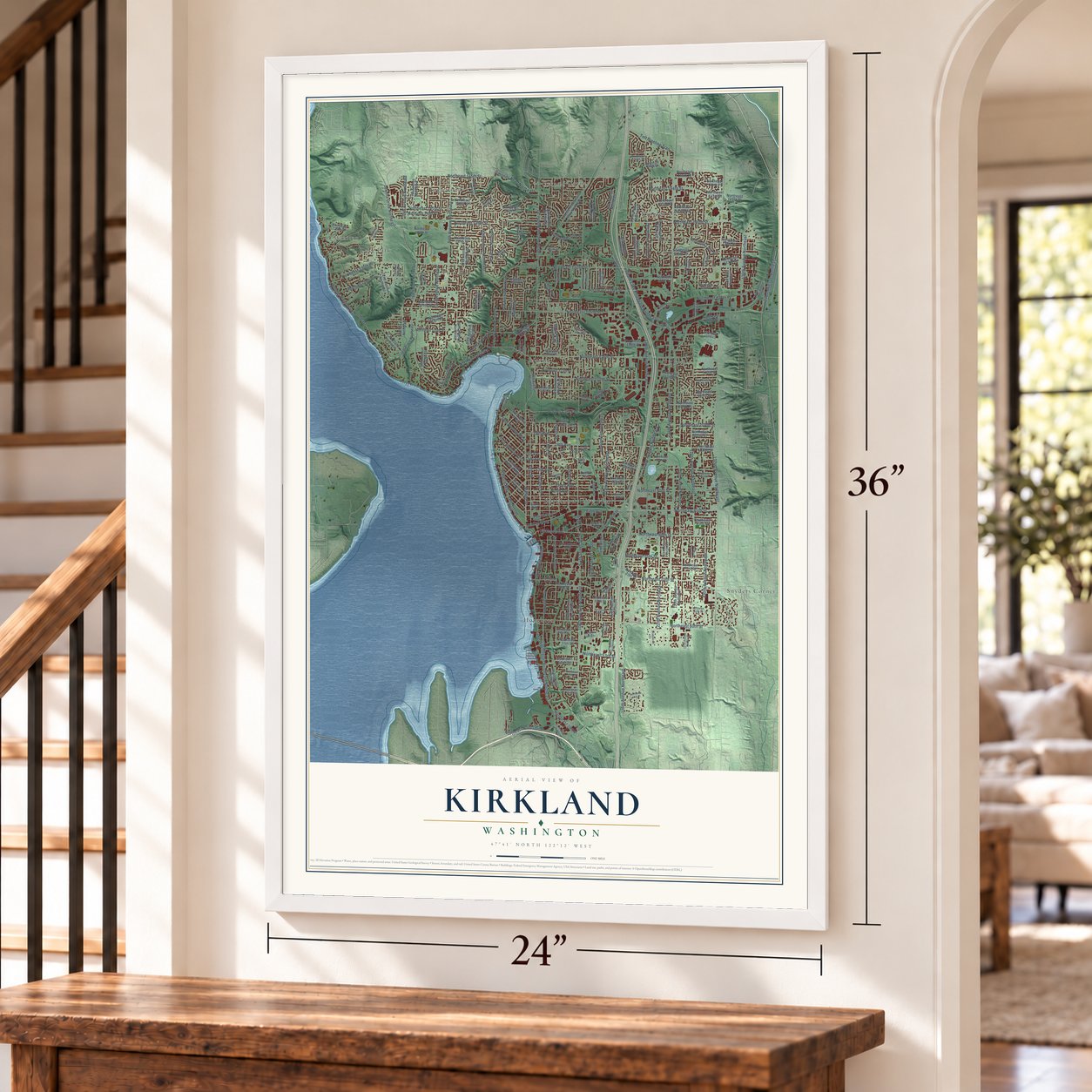 Kirkland, Washington map, 24 x 36 inch print in a white frame by a staircase