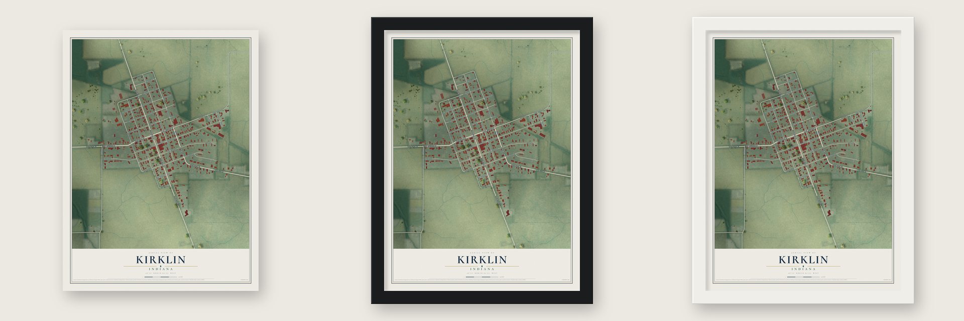 Kirklin, Indiana map unframed, in a black wood frame and in a white wood frame