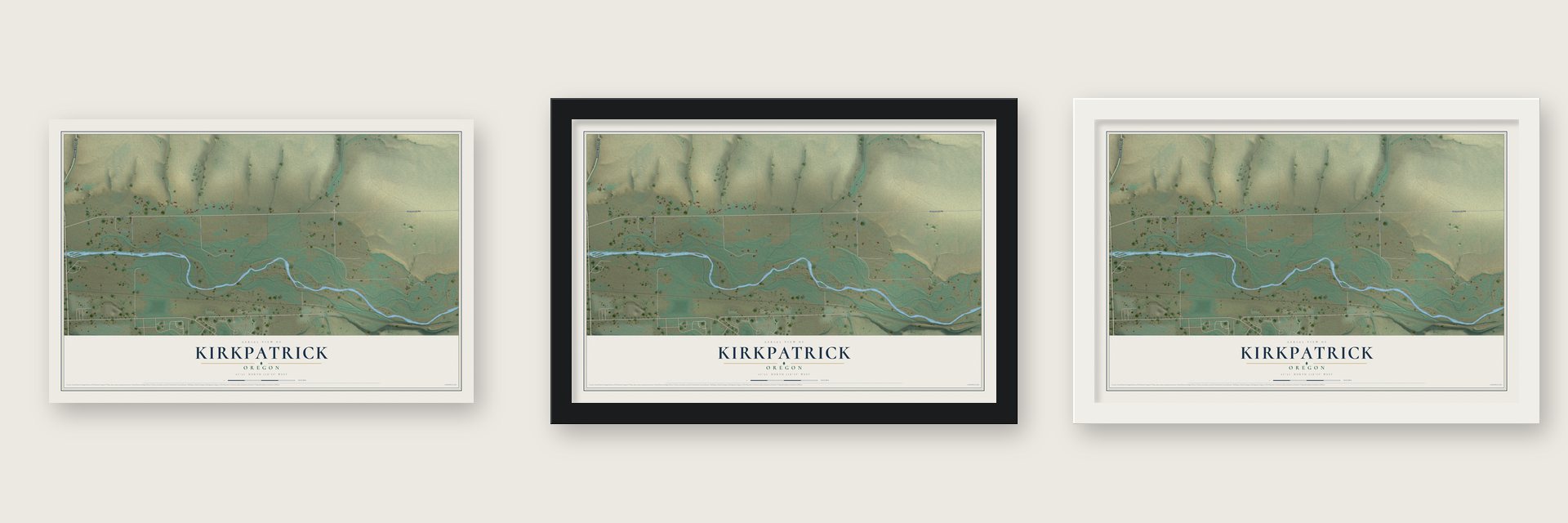 Kirkpatrick, Oregon map unframed, in a black wood frame and in a white wood frame