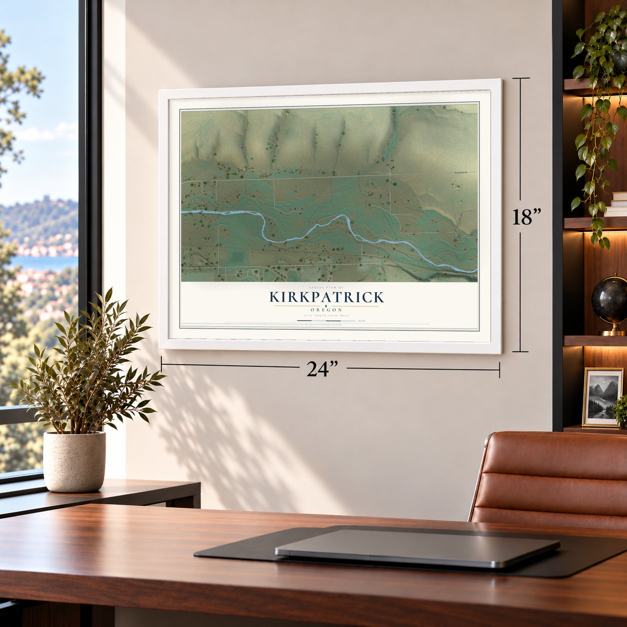 Kirkpatrick, Oregon map, 18 x 24 inch print in a white frame in a home office
