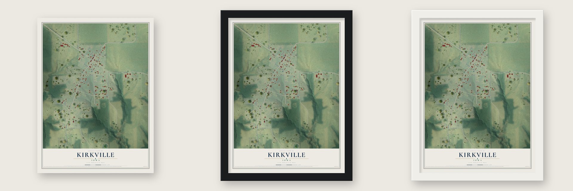 Kirkville, Iowa map unframed, in a black wood frame and in a white wood frame