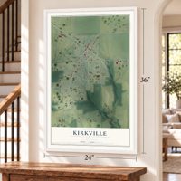 Kirkville, Iowa map, 24 x 36 inch print in a white frame by a staircase