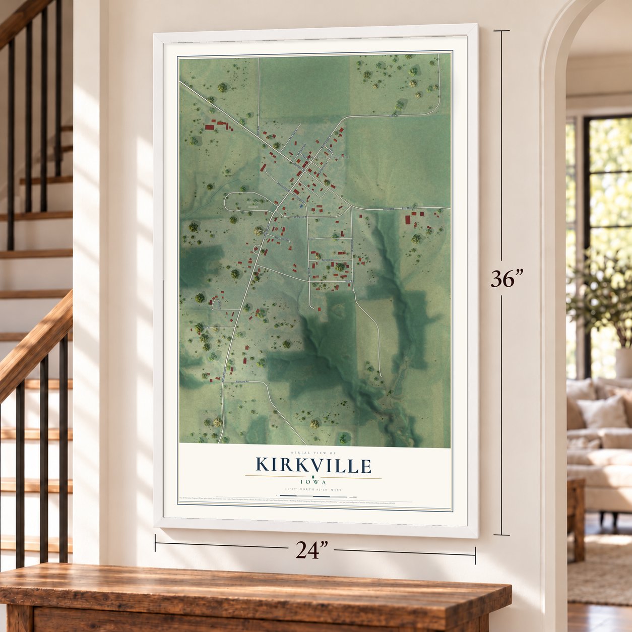 Kirkville, Iowa map, 24 x 36 inch print in a white frame by a staircase