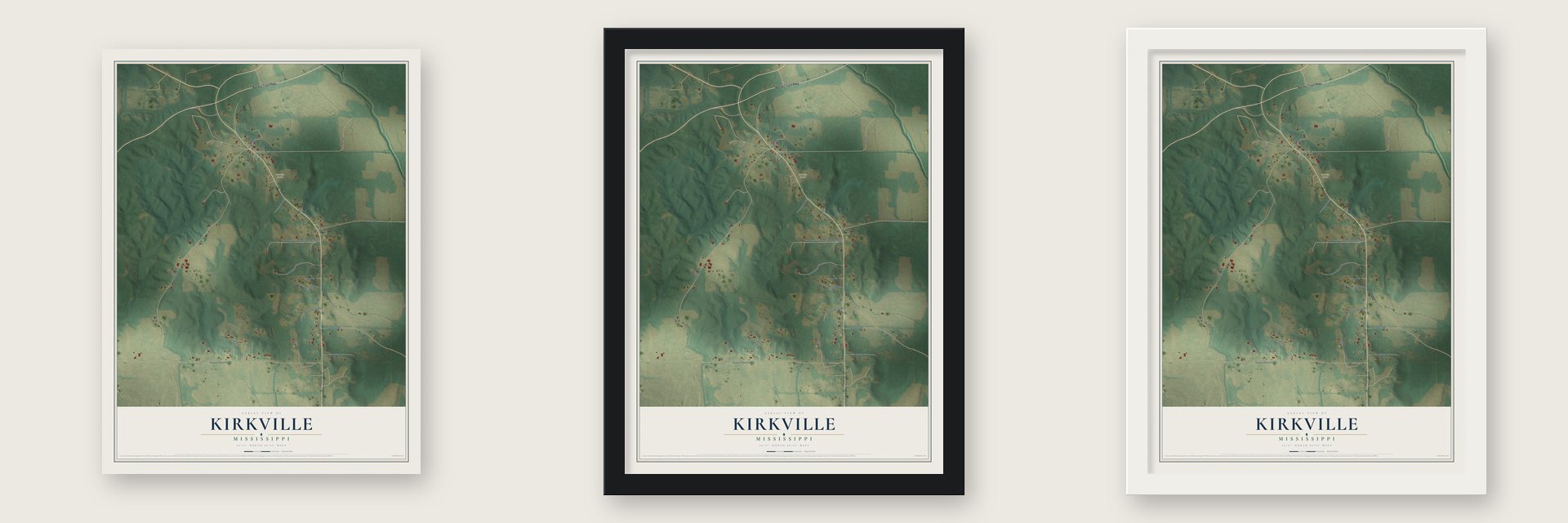 Kirkville, Mississippi map unframed, in a black wood frame and in a white wood frame