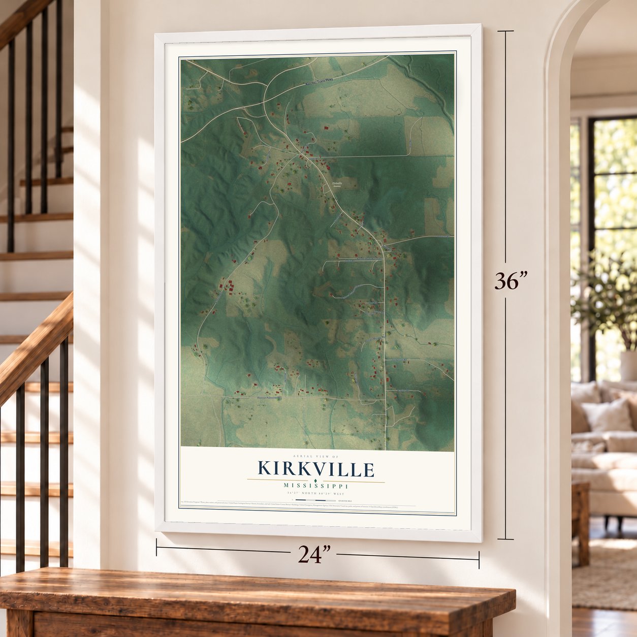 Kirkville, Mississippi map, 24 x 36 inch print in a white frame by a staircase