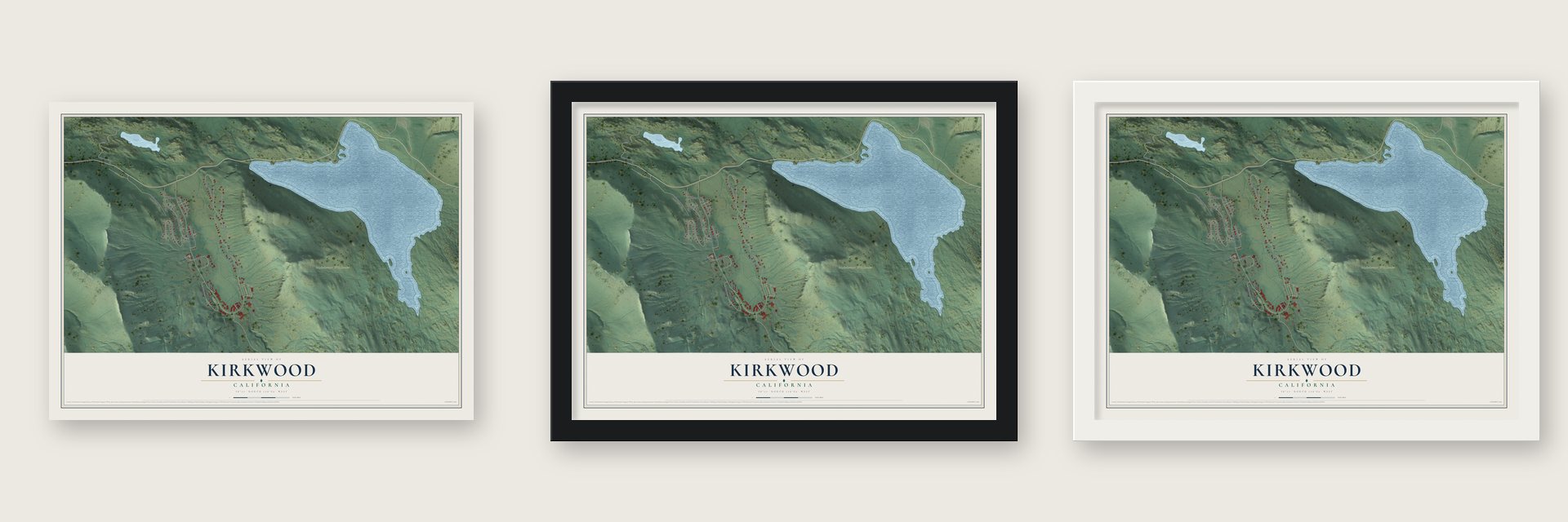 Kirkwood, California map unframed, in a black wood frame and in a white wood frame