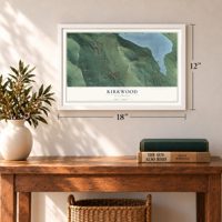 Kirkwood, California map, 12 x 18 inch print in a white frame in an entryway