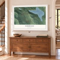 Kirkwood, California map, 24 x 36 inch print in a white frame above a dresser by a staircase