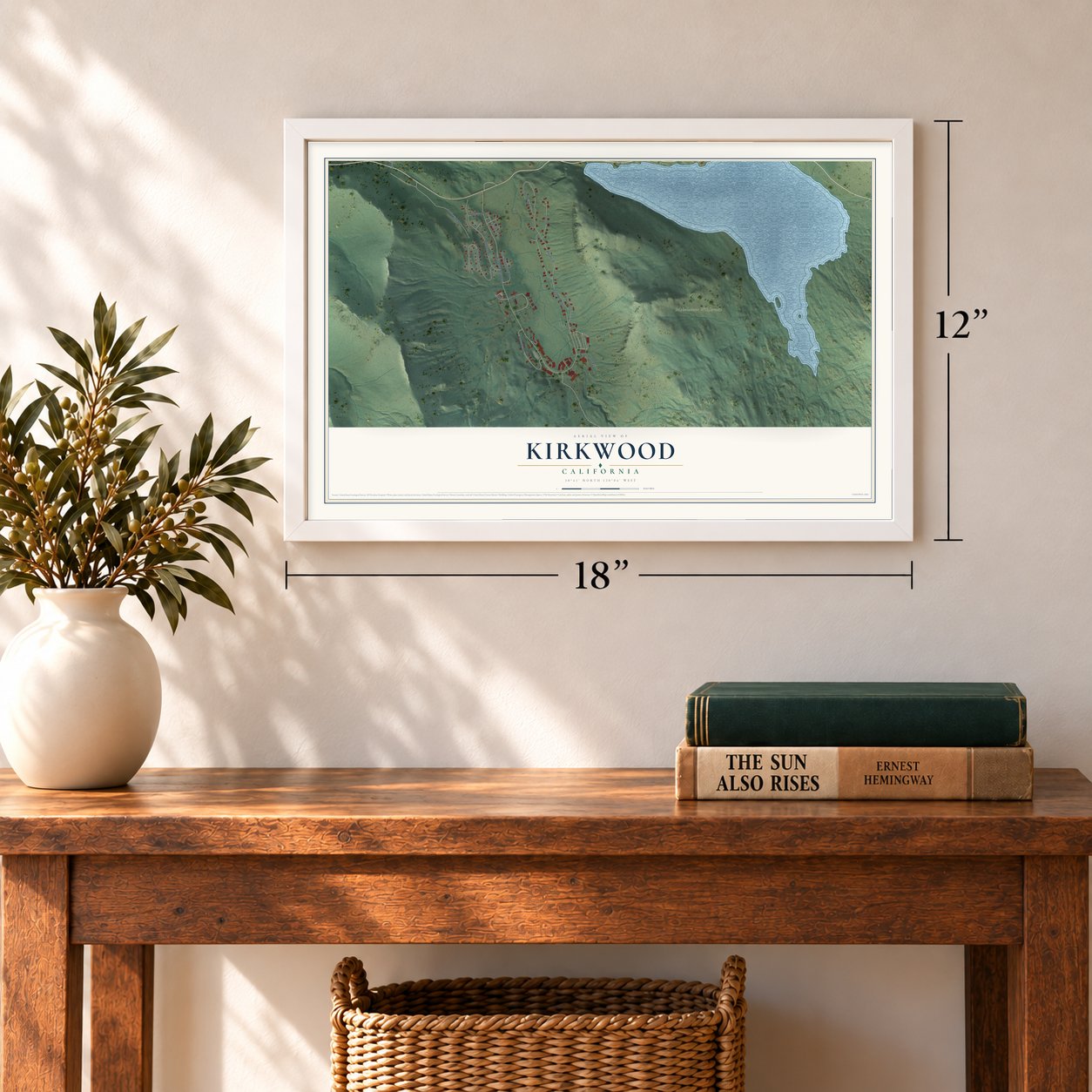 Kirkwood, California map, 12 x 18 inch print in a white frame in an entryway