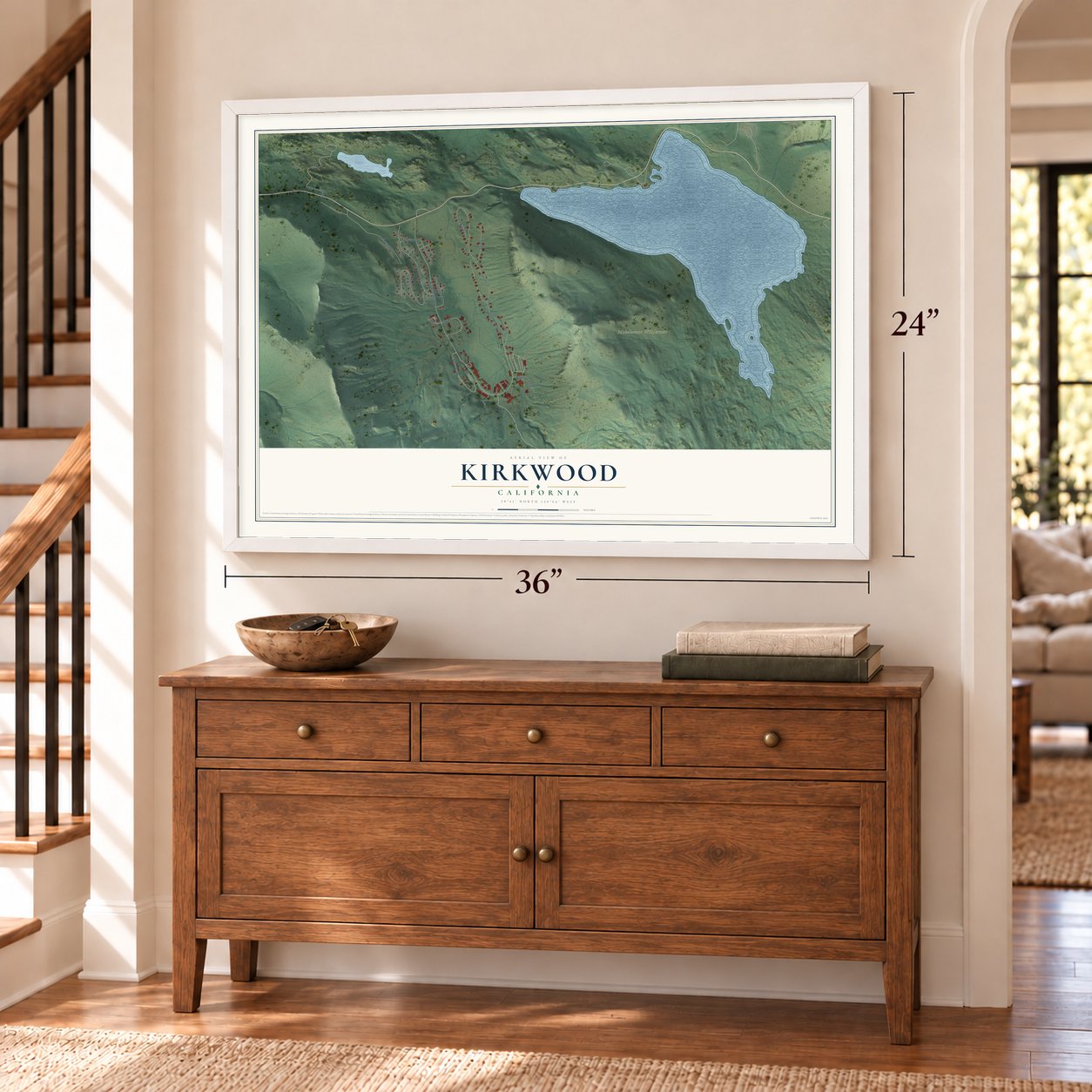Kirkwood, California map, 24 x 36 inch print in a white frame above a dresser by a staircase