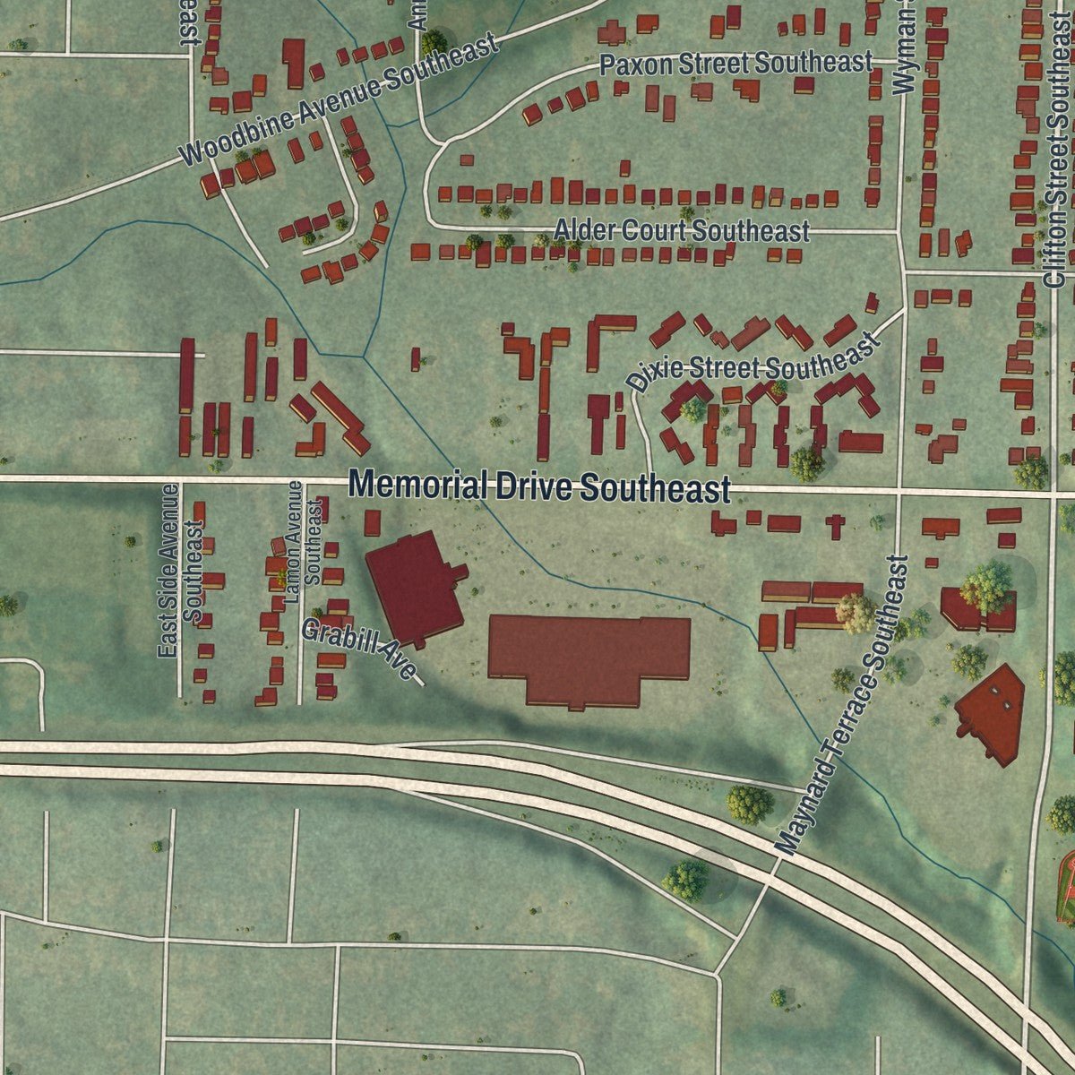 Second close-up of the map of Kirkwood, Georgia print showing more streets and buildings