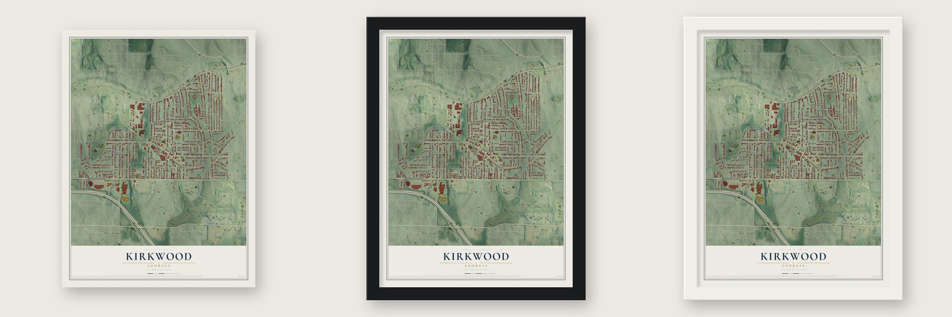 Kirkwood, Georgia map unframed, in a black wood frame and in a white wood frame